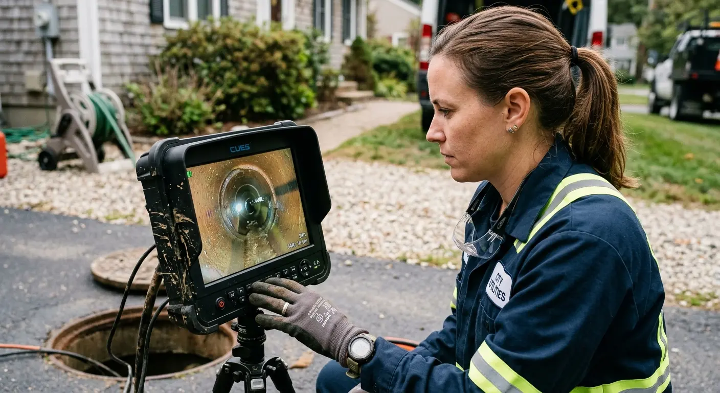 Technician reviewing sewer camera inspection footage in Scenic Oaks