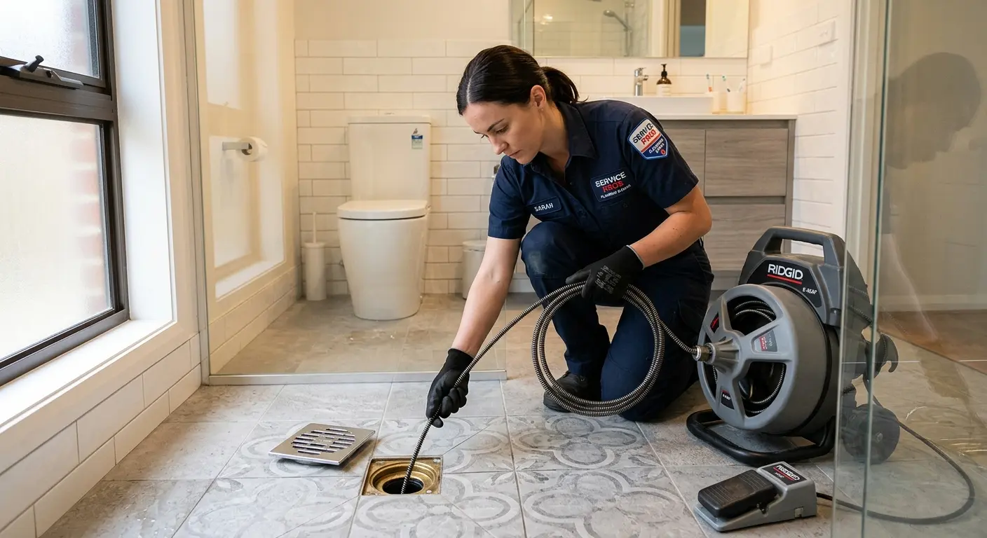 Technician clearing a bathroom floor drain for Drain Cleaning in Scenic Oaks
